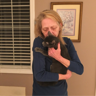 Woman in blue shirt hugging black cat at home